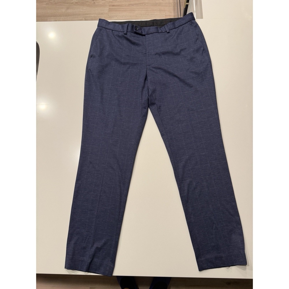 Victor Emmanuel Mens Blue Plaid Modern Fit Dress Pants 38x32 Flat Front Stretch